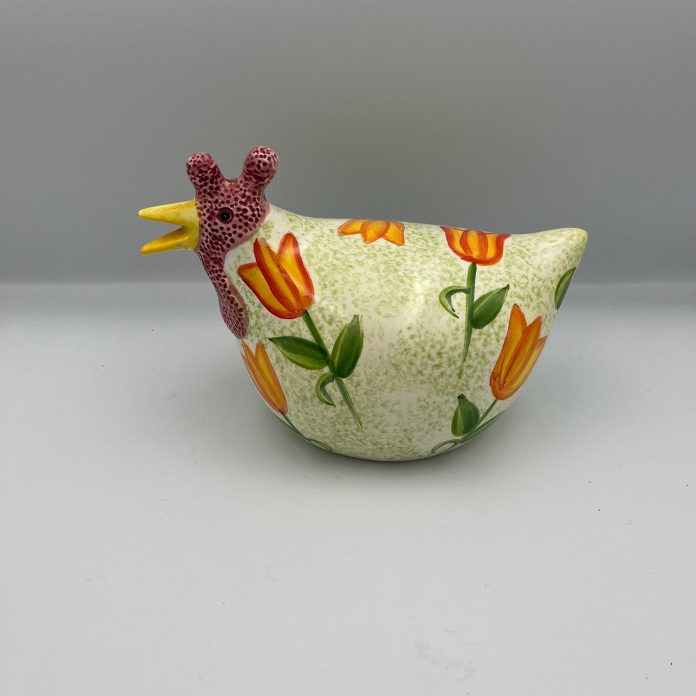 CBK LTD 1999 Handpainted Ceramic Chicken Figurine‎ Tulips Green Farmhouse Decor
